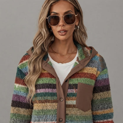 Striped Hooded Knit Button Cardigan