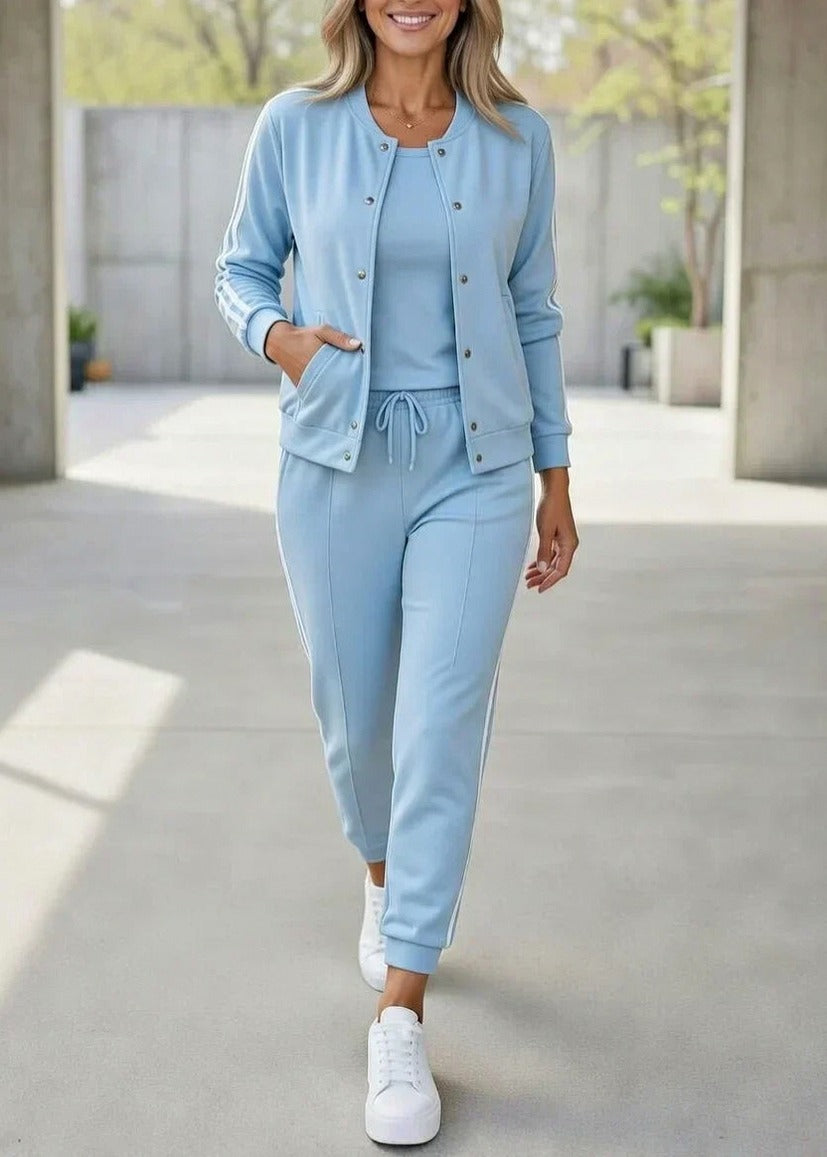 Side Stripe Long Sleeve Snap Front Three Piece Set