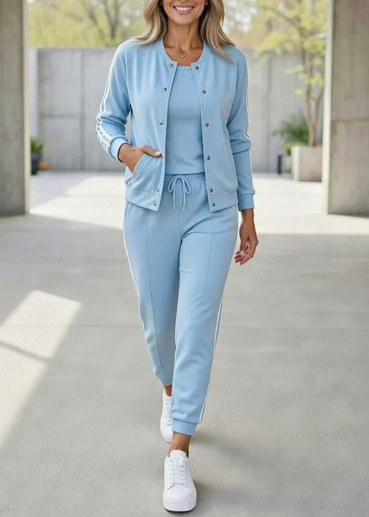 Side Stripe Long Sleeve Snap Front Three Piece Set