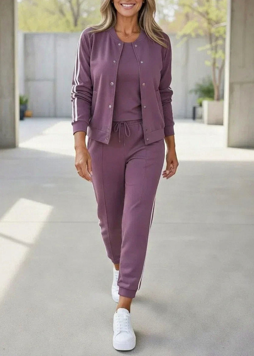 Side Stripe Long Sleeve Snap Front Three Piece Set