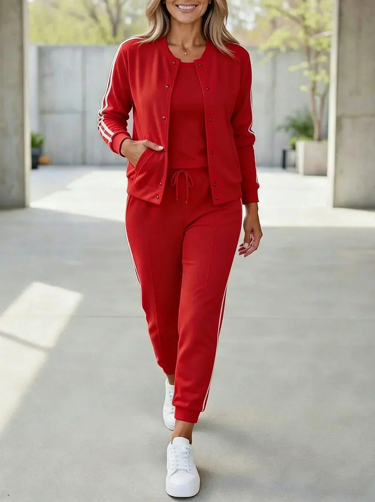 Side Stripe Long Sleeve Snap Front Three Piece Set