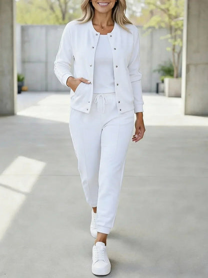 Side Stripe Long Sleeve Snap Front Three Piece Set