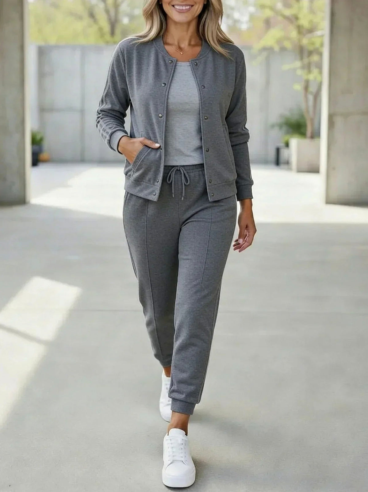 Side Stripe Long Sleeve Snap Front Three Piece Set