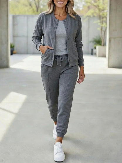 Side Stripe Long Sleeve Snap Front Three Piece Set