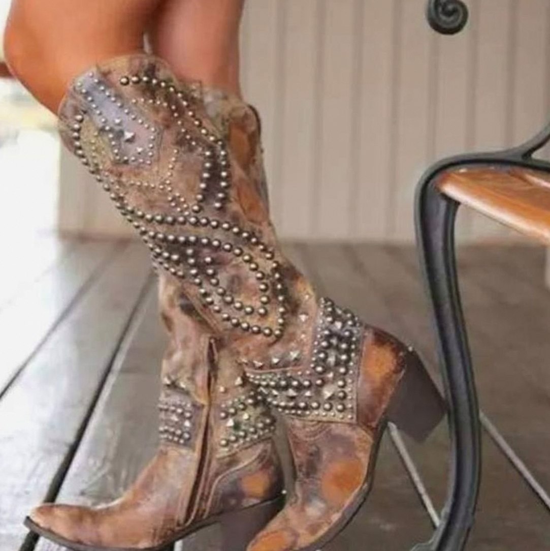 Studded Western Knee High Boots