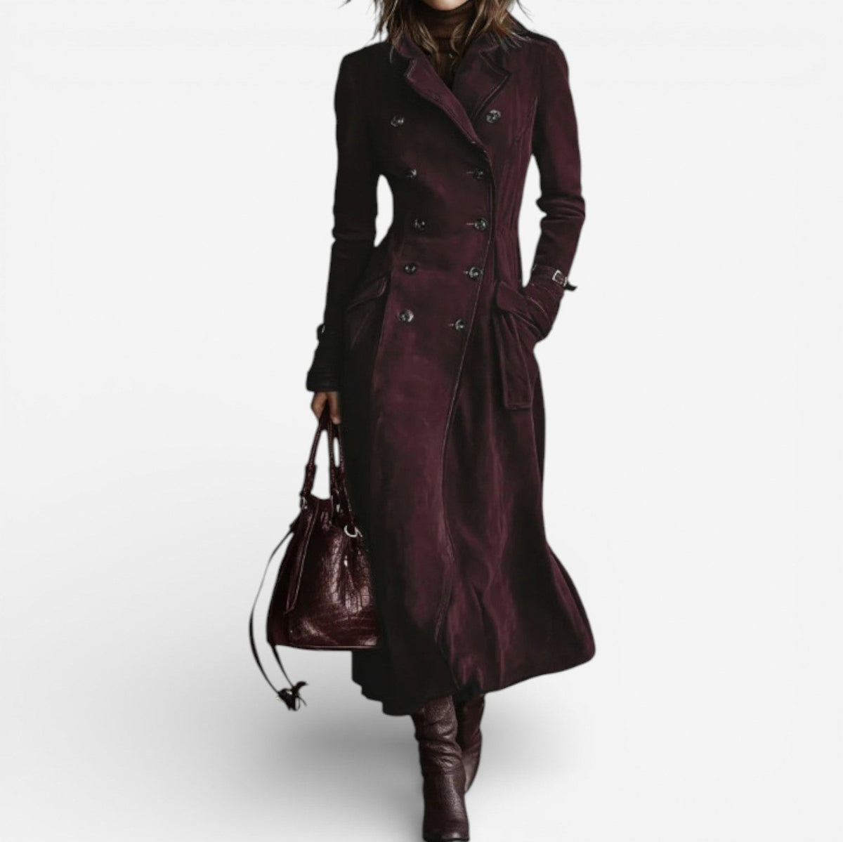Faux Suede Double Breasted Long Trench Coat