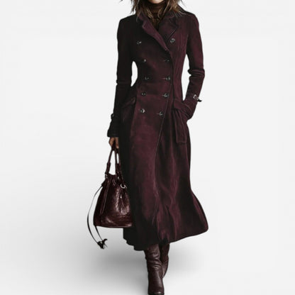 Faux Suede Double Breasted Long Trench Coat