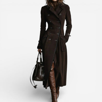Faux Suede Double Breasted Long Trench Coat