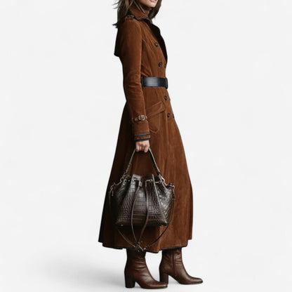 Faux Suede Double Breasted Long Trench Coat
