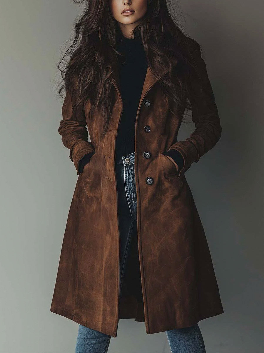 Suede Long Sleeve Button Front Trench Coat