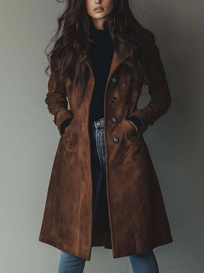 Suede Long Sleeve Button Front Trench Coat