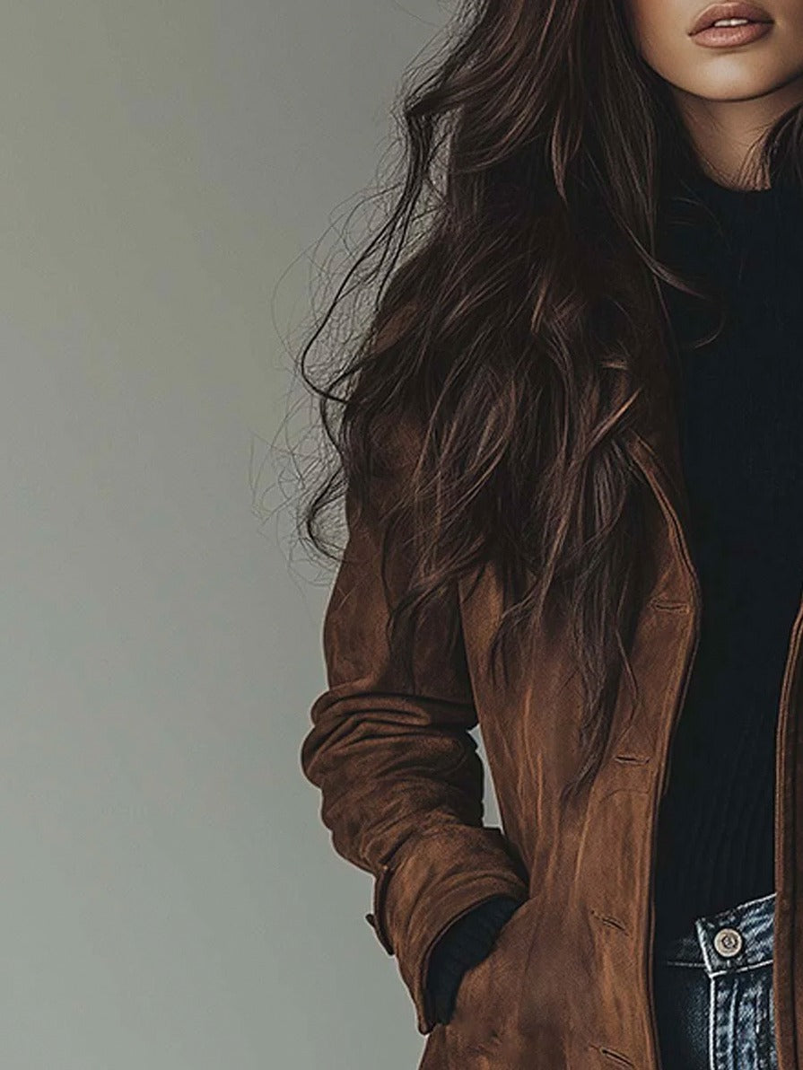 Suede Long Sleeve Button Front Trench Coat