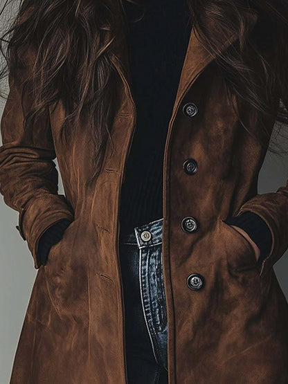Suede Long Sleeve Button Front Trench Coat