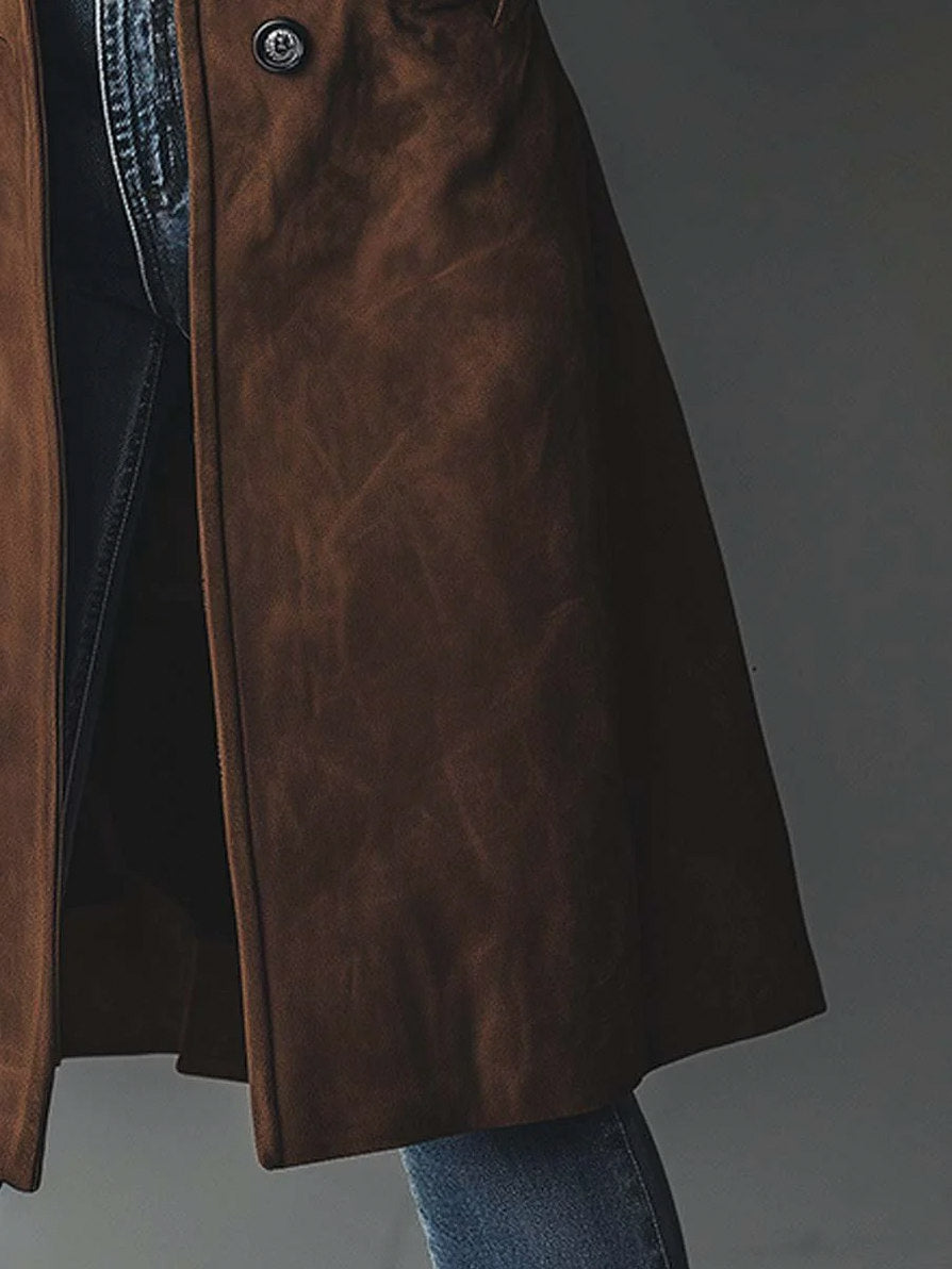 Suede Long Sleeve Button Front Trench Coat
