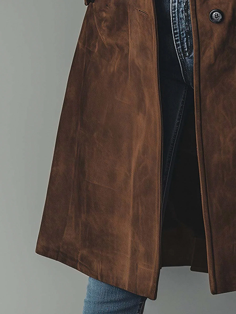 Suede Long Sleeve Button Front Trench Coat