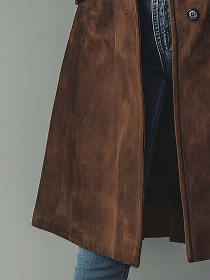 Suede Long Sleeve Button Front Trench Coat