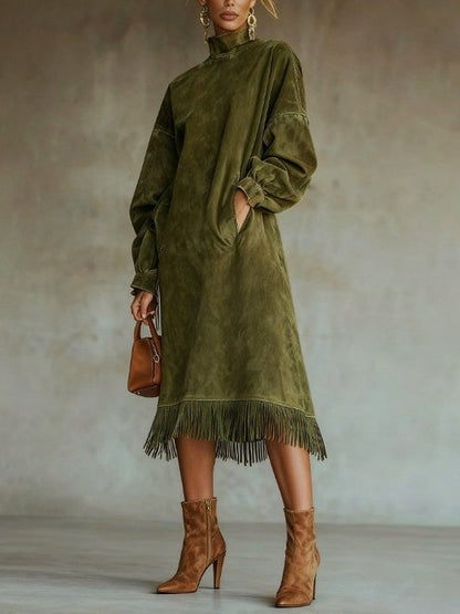 Suede Long Sleeve Fringe Midi Dress