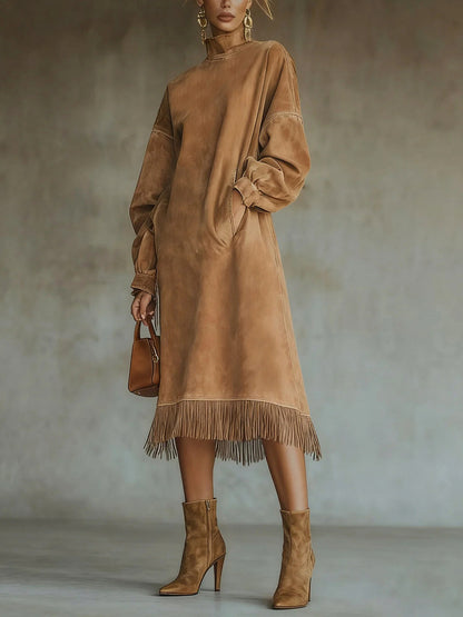Suede Long Sleeve Fringe Midi Dress