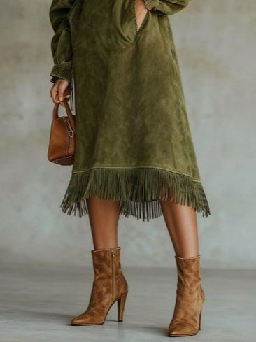 Suede Long Sleeve Fringe Midi Dress