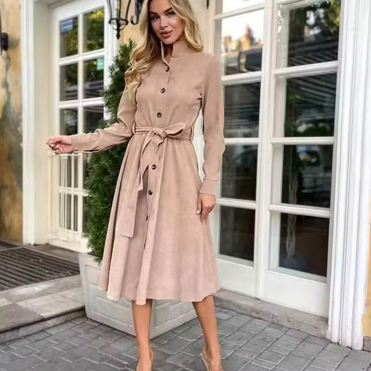 Suede Long Sleeve Midi Shirt Dress
