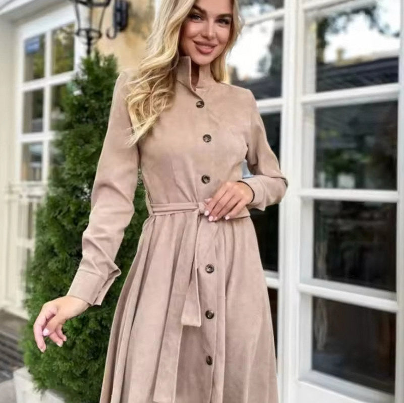 Suede Long Sleeve Midi Shirt Dress