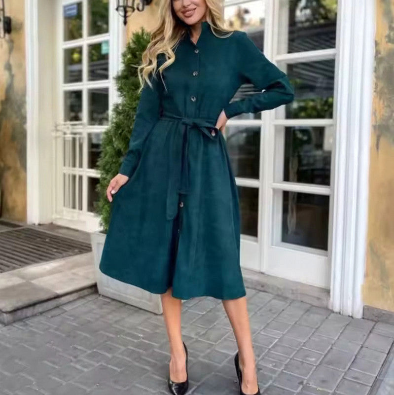 Suede Long Sleeve Midi Shirt Dress