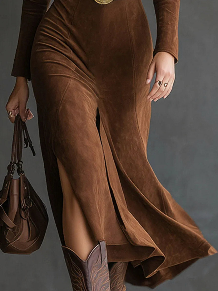 Suede Long Sleeve Slit Midi Dress