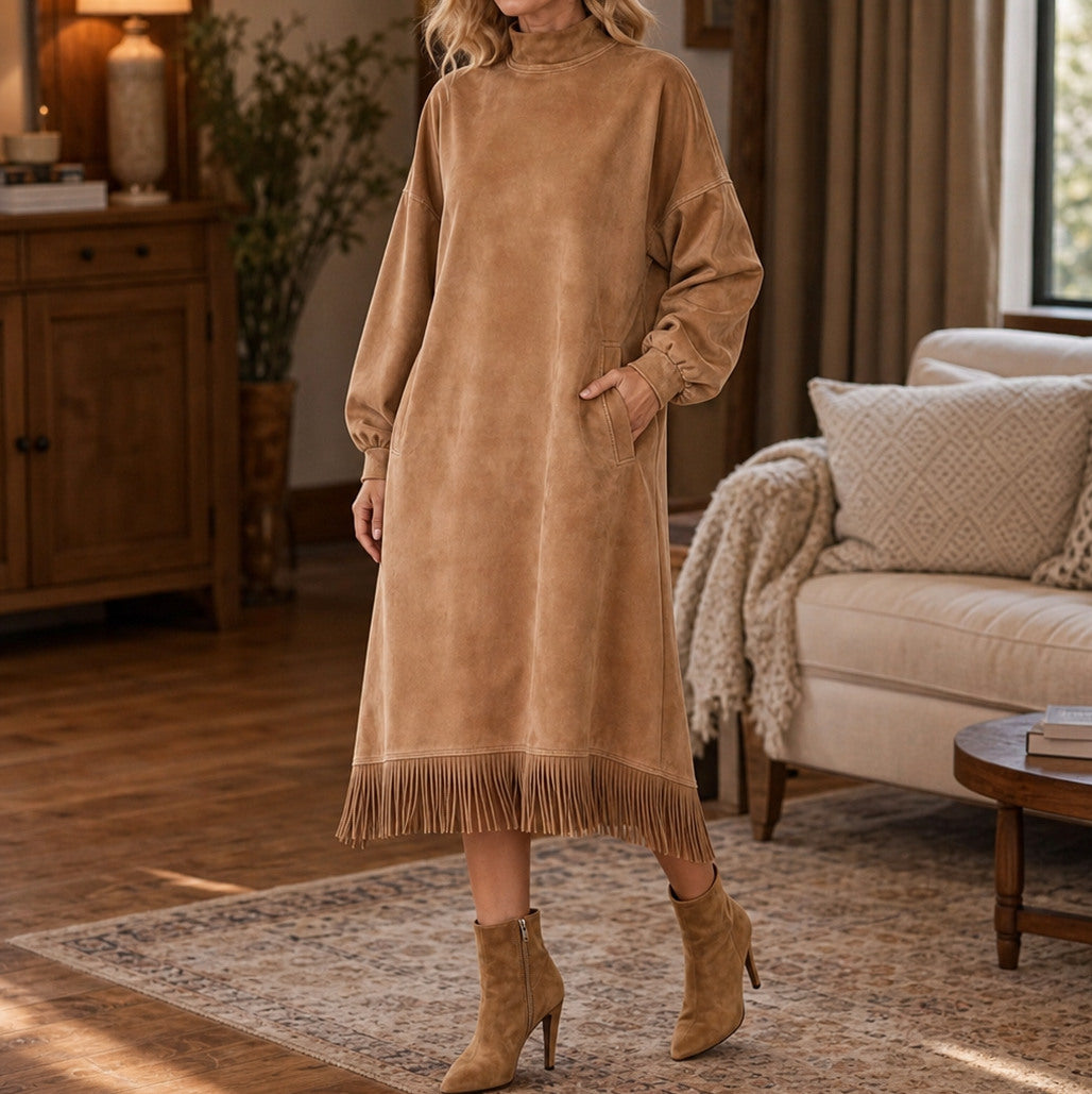 Suede Long Sleeve Mock Neck Fringe Midi Dress