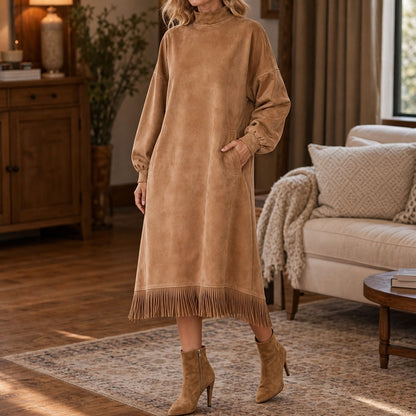 Suede Long Sleeve Mock Neck Fringe Midi Dress