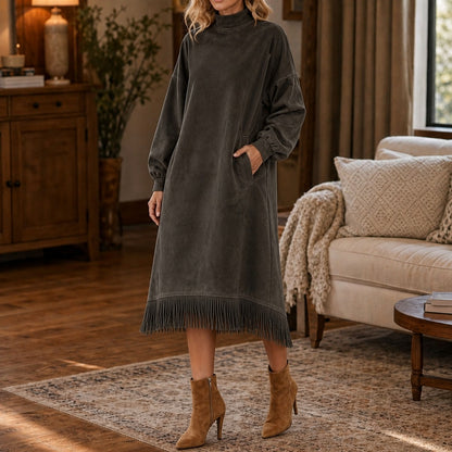 Suede Long Sleeve Mock Neck Fringe Midi Dress