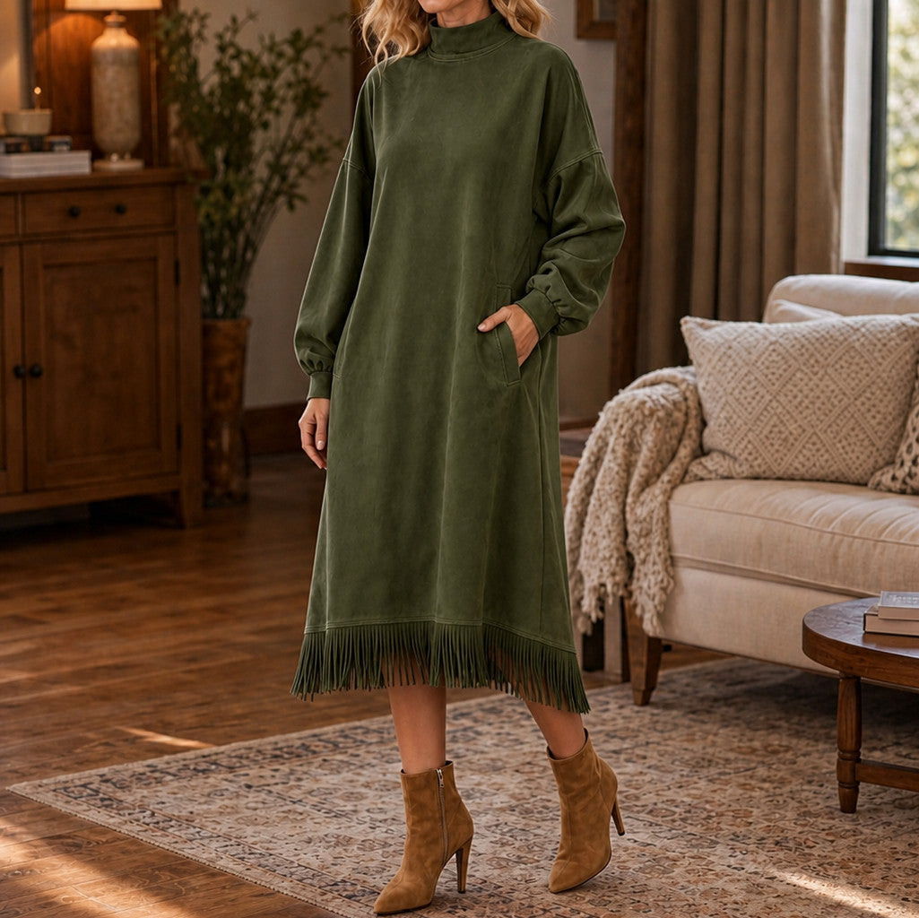 Suede Long Sleeve Mock Neck Fringe Midi Dress