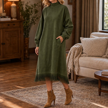 Suede Long Sleeve Mock Neck Fringe Midi Dress