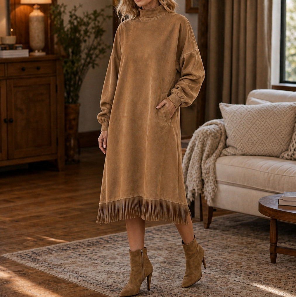 Suede Long Sleeve Mock Neck Fringe Midi Dress