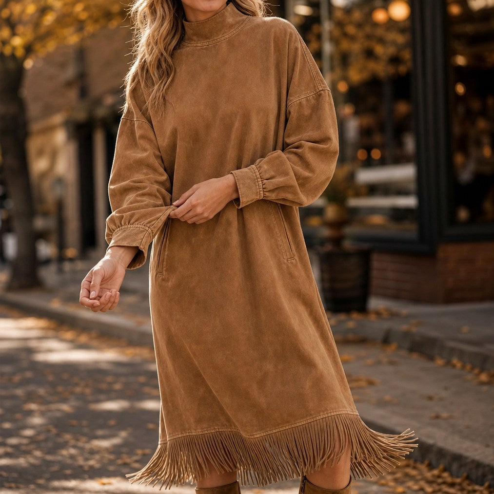 Suede Long Sleeve Mock Neck Fringe Midi Dress