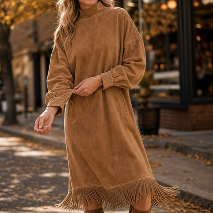 Suede Long Sleeve Mock Neck Fringe Midi Dress
