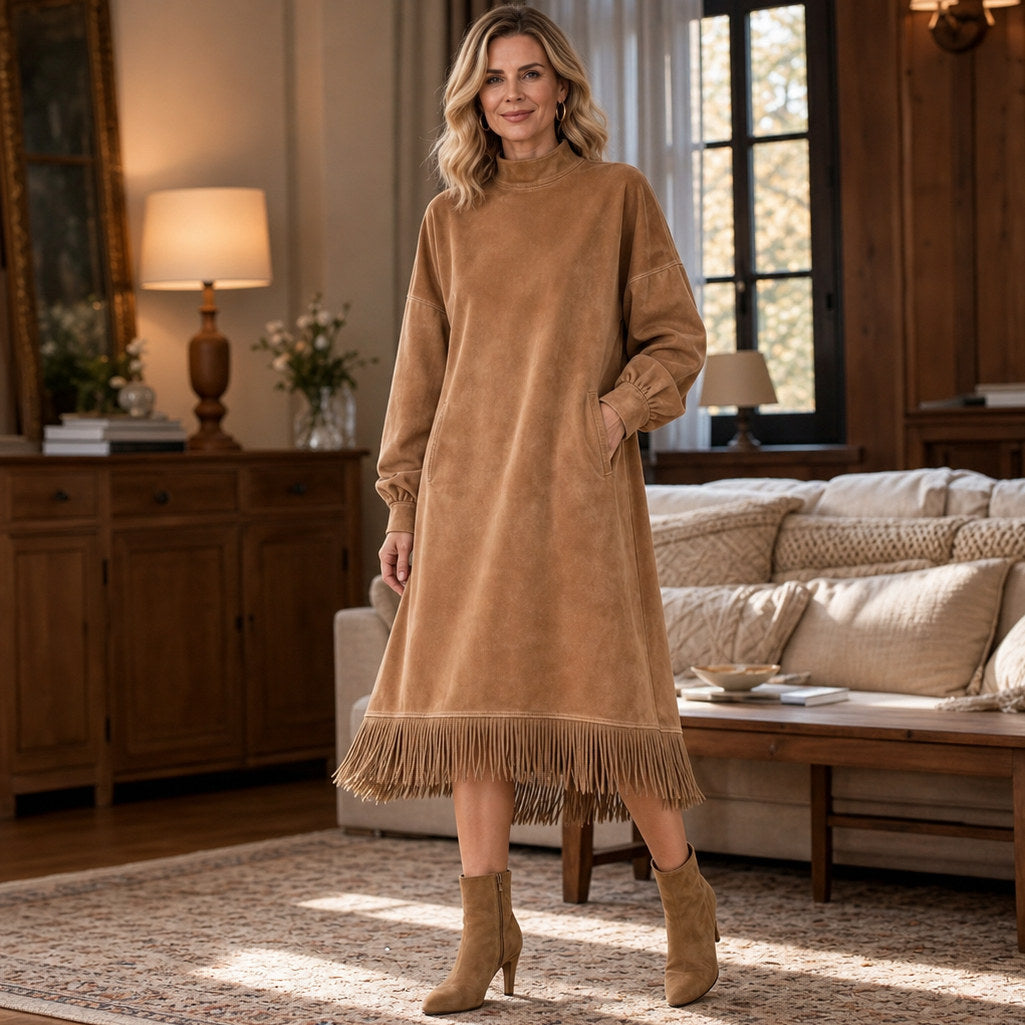 Suede Long Sleeve Mock Neck Fringe Midi Dress