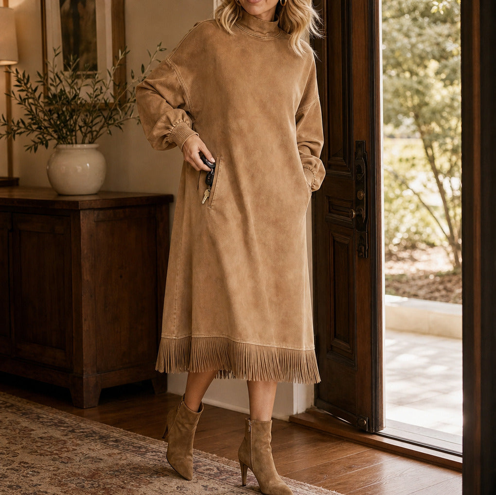 Suede Long Sleeve Mock Neck Fringe Midi Dress