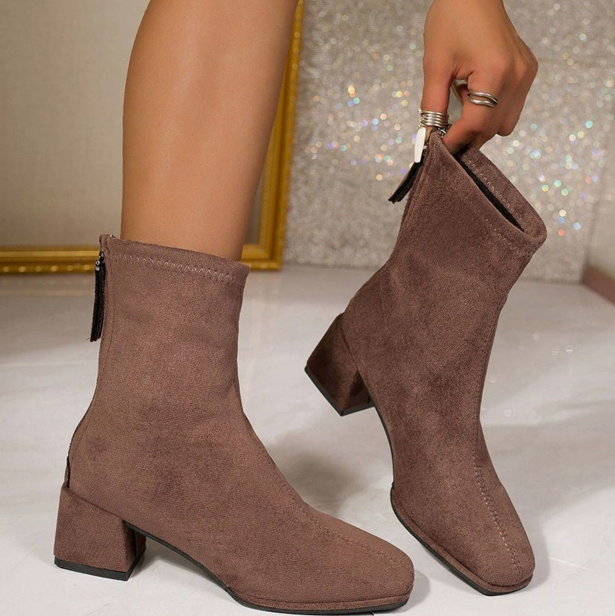 Suede Square Toe Sock Booties