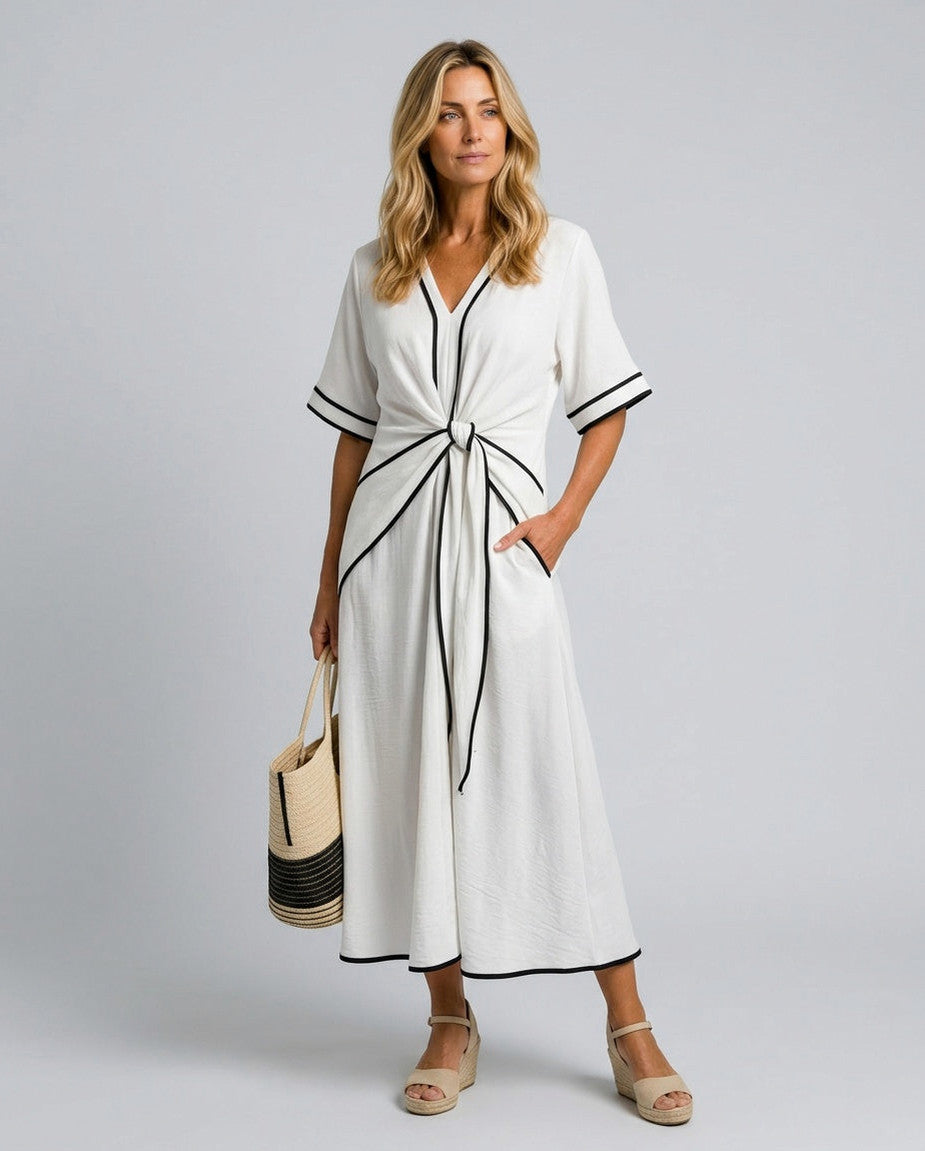 Tie Front Short Sleeve Midi Dress