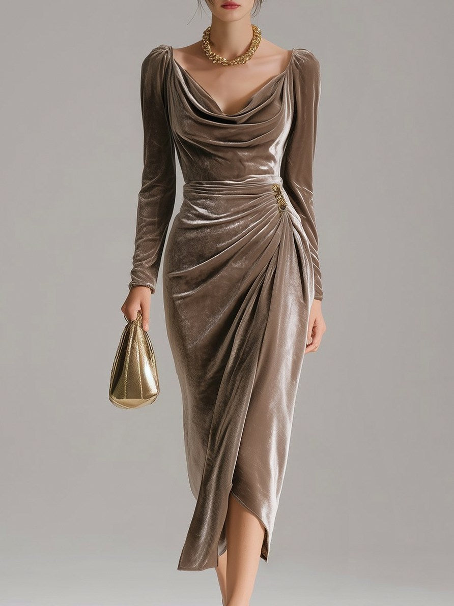 Velvet Long Sleeve Cowl Neck Midi Dress