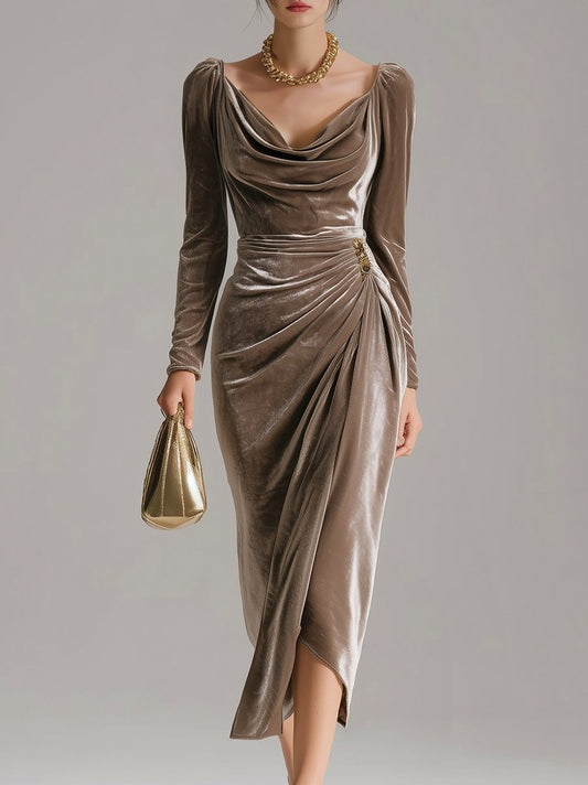 Velvet Long Sleeve Cowl Neck Midi Dress