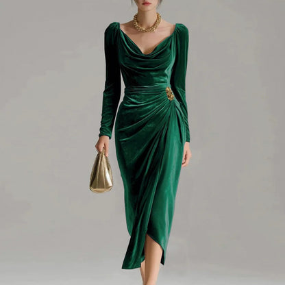 Velvet Long Sleeve Cowl Neck Midi Dress
