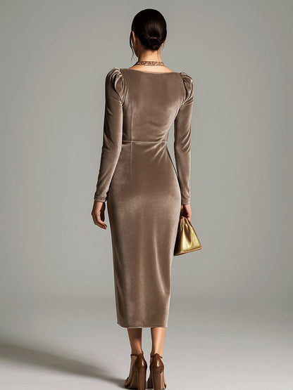 Velvet Long Sleeve Cowl Neck Midi Dress
