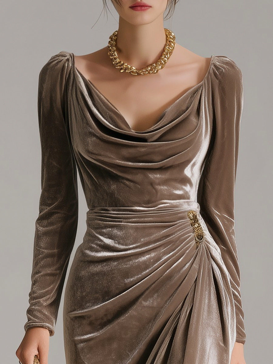 Velvet Long Sleeve Cowl Neck Midi Dress