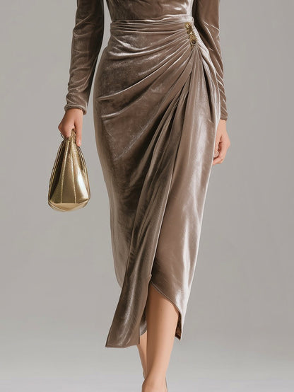 Velvet Long Sleeve Cowl Neck Midi Dress