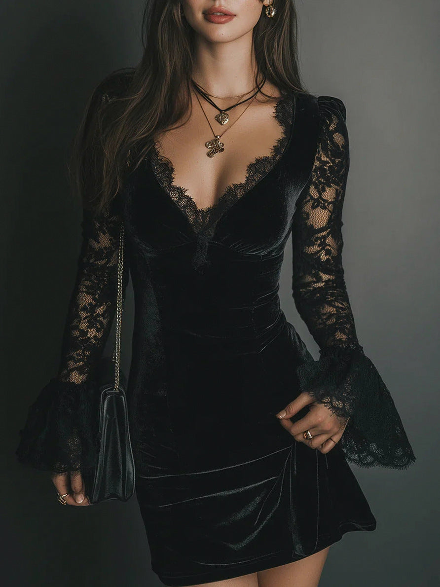 Velvet Lace Long Sleeve Mini Dress