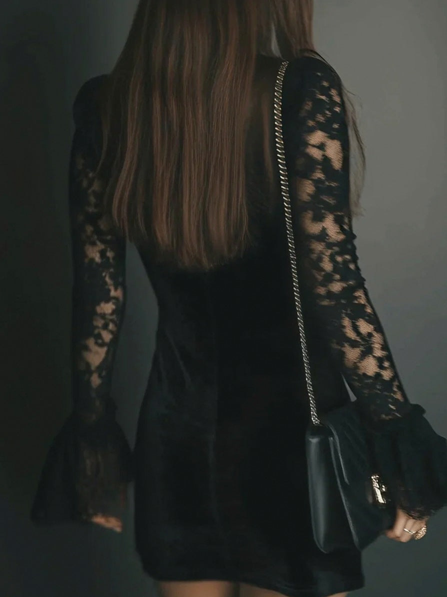 Velvet Lace Long Sleeve Mini Dress