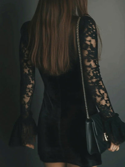 Velvet Lace Long Sleeve Mini Dress