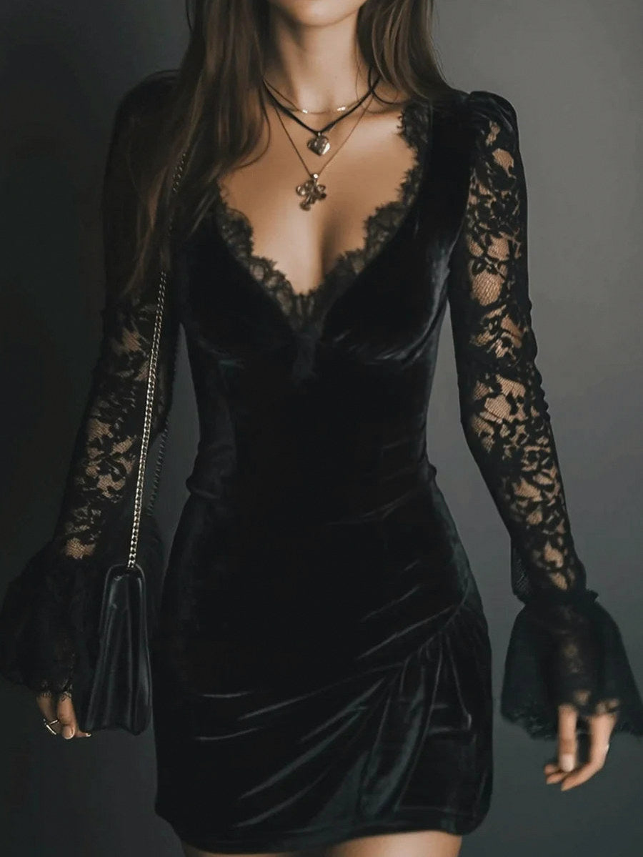 Velvet Lace Long Sleeve Mini Dress