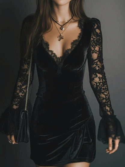 Velvet Lace Long Sleeve Mini Dress